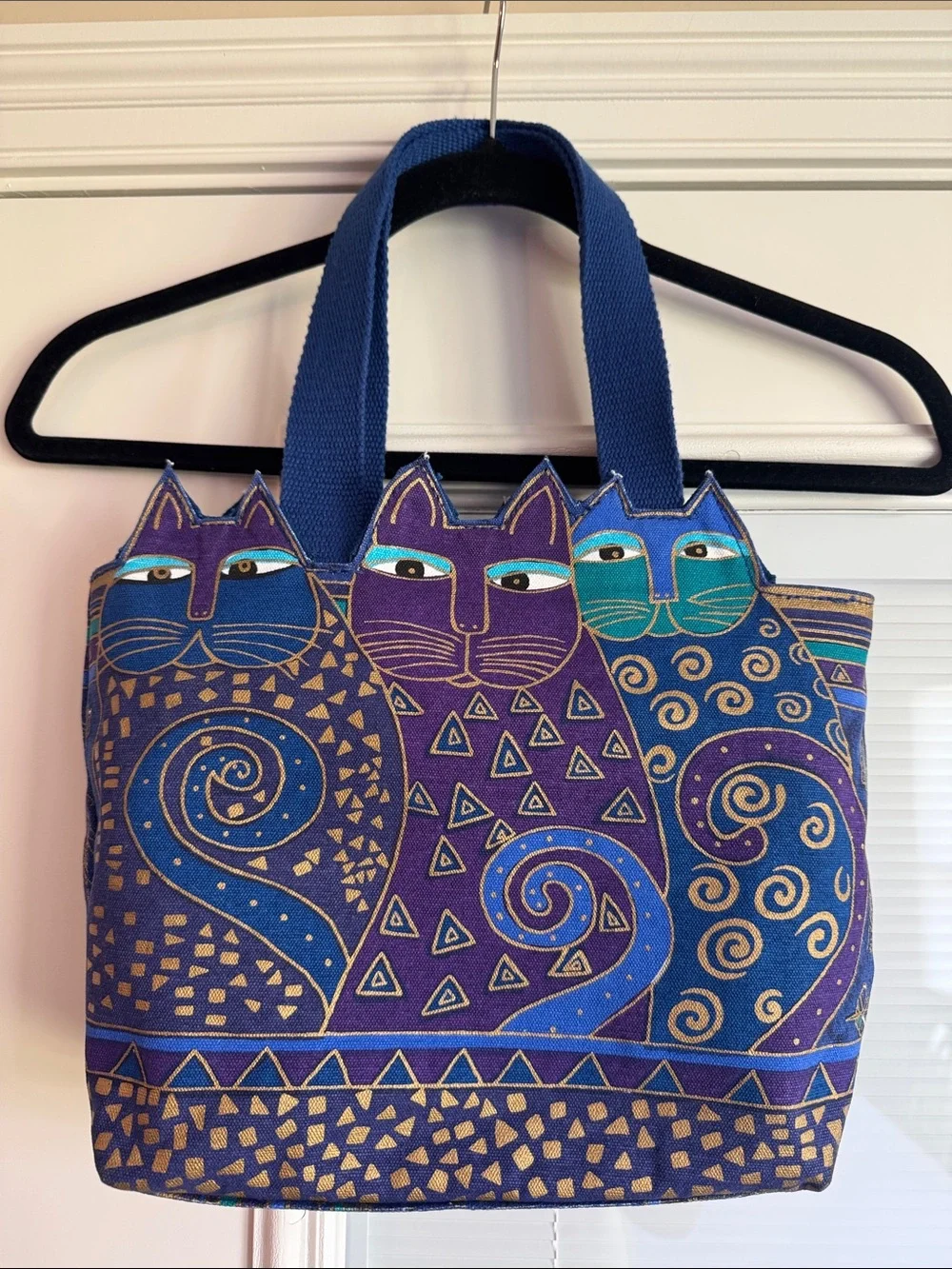 Laurel Burch Whimsical Cat Pattern Shoulder Bag in Blue and Purple